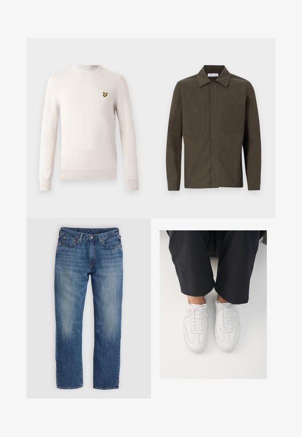 Pull beige clair à manches longues, col rond et ourlet côtelé. Présente un petit logo brodé noir et jaune sur la poitrine.; Chemise verte foncée à manches longues en tissu lisse, dotée d'un col pointu, de boutons sur le devant et de deux poches poitrine.; Jeans en denim bleu avec une coupe droite, présentant des zones délavées, un design à cinq poches et des éléments métalliques. Look classique et polyvalent.; Baskets blanches en cuir avec une texture lisse, bout rond et système de laçage classique, positionnées au-dessus de pantalons sombres et amples.