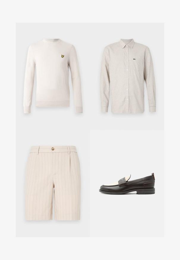 Suéter de color beige claro con mangas largas, cuello redondo y dobladillo acanalado. Presenta un pequeño logo bordado en negro y amarillo en el pecho.; Camisa beige de manga larga con patrón de rejilla en rojo y azul, cierre de botones en el frente, cuello y logotipo verde de cocodrilo en el pecho izquierdo.; Pantalones cortos beige hechos de una tela ligera, con un patrón de rayas, cierre de botón en la parte delantera y bolsillos laterales.; Mocasín para hombre de cuero marrón oscuro con panel de tela crema y detalle clásico de correa cosida, suela plana y asa en el talón.