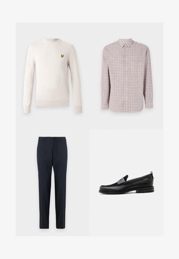 Suéter de color beige claro con mangas largas, cuello redondo y dobladillo acanalado. Presenta un pequeño logo bordado en negro y amarillo en el pecho.; Camisa de manga larga abotonada en rosa claro con un patrón cuadrado texturizado. Tejido de algodón, cuello clásico y cierre de botones.; DRYKORN AJEND - Pantalones chinos - blue; Mocasín de cuero negro con detalle de tira gris, tacón bajo y suela texturizada, con la marca "HUGO" en oro en el lateral.