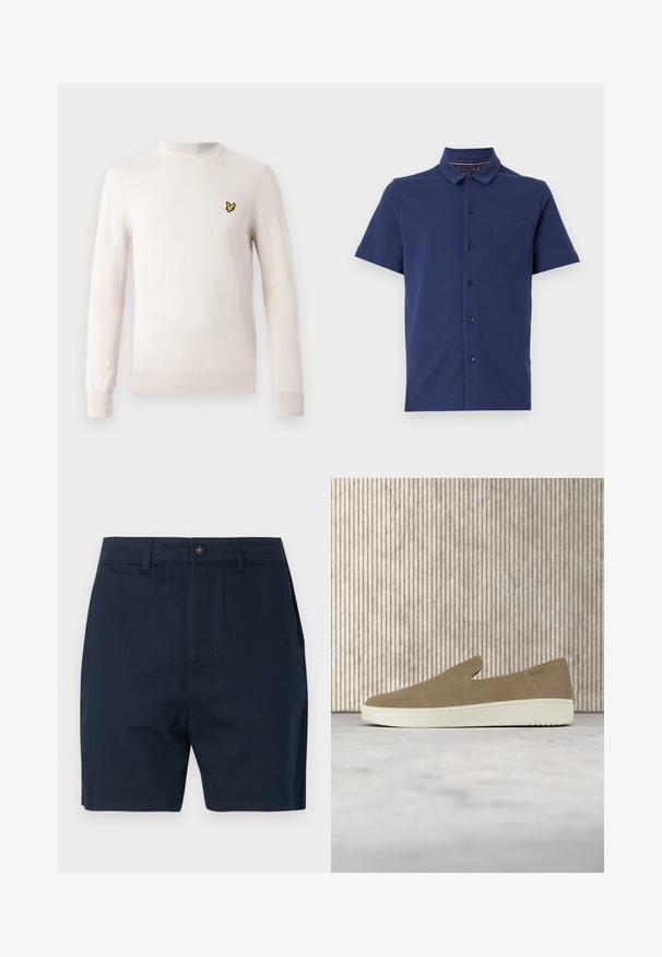 Lysebeige sweater med lange ærmer, rund hals og ribbet kant. Har et lille sort og gult broderet logo på brystet.; Kortærmet navy polo shirt lavet af tekstureret stof med knaplukning foran, en enkelt brystlomme og en veldefineret krave.; Mørkeblå shorts lavet af bomuldsblandingsstof, med forlommer, knaplukning og lige skæring uden synlige mønstre eller accenter.; Beige slip-on sko med hvid sål, vist i luften over et lyst tæppe med ravfarvet gennemsigtigt møblement i baggrunden.
