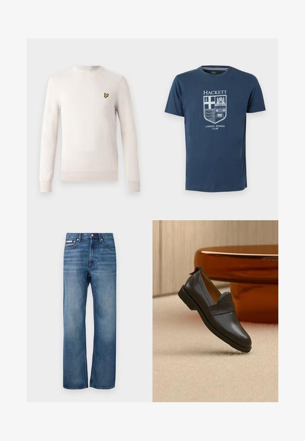 Pull beige clair à manches longues, col rond et ourlet côtelé. Présente un petit logo brodé noir et jaune sur la poitrine.; T-shirt en coton bleu marine à manches courtes avec un design de blason blanc comprenant les textes "Hackett" et "London Rowing Club".; Jeans en denim bleus à jambe droite avec un léger délavage, fermeture à bouton à l'avant et une petite étiquette logo sur la poche avant droite.; Mocassin en cuir noir à talon bas flottant au-dessus d'un tapis beige, à côté d'une table brillante couleur ambre dans une pièce minimaliste.