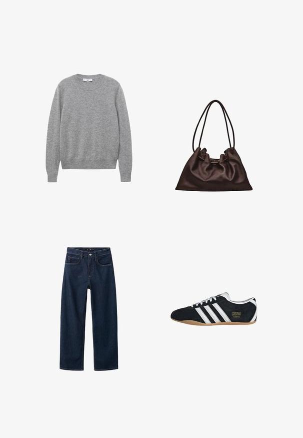 Pull en laine gris avec un col rond, des manches longues et des bords côtelés. La texture semble douce et légèrement texturée.; Jeans en denim bleu foncé avec une coupe droite, affichant un style classique à cinq poches, des coutures visibles et une fermeture à bouton à la taille.; Sneakers en suede noir avec trois bandes blanches, logo doré et semelle en caoutchouc marron. Présente un design à lacets à profil bas.; Sac à main en cuir brun foncé souple avec une forme flasque et deux fines bretelles sur fond blanc.