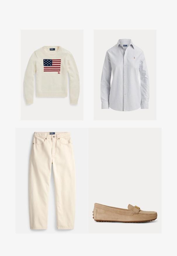 Jersey de punto color crema con la bandera americana tejida a lo largo del pecho y pequeñas iniciales "RL" debajo de la bandera en el lado derecho.; Camisa blanca con botones, con finas rayas verticales azules, mangas largas, cuello puntiagudo y pequeño logo bordado en el pecho.; Vaqueros color crema hechos de mezclilla, con un diseño de pierna recta, bolsillos delanteros y detalles de costura superior. Cierre con botón metálico y cremallera.; Mocasín beige de ante sin cordones con detalles de costuras, una hebilla metálica dorada en la parte superior y una suela de goma con tacos antideslizantes.