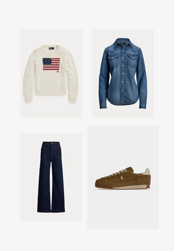 Jersey de punto color crema con la bandera americana tejida a lo largo del pecho y pequeñas iniciales "RL" debajo de la bandera en el lado derecho.; Camisa de mezclilla azul de manga larga con botones a presión de perla, dos bolsillos de solapa en el pecho y un cuello puntiagudo de Polo Ralph Lauren.; Pantalones vaqueros de pierna ancha azul oscuro con bolsillos delanteros de parche, presillas para cinturón y cierre de botones sobre un fondo claro y liso.; Zapatilla de ante marrón con cordones crema, suela gruesa y un pequeño logo blanco bordado en el lateral.