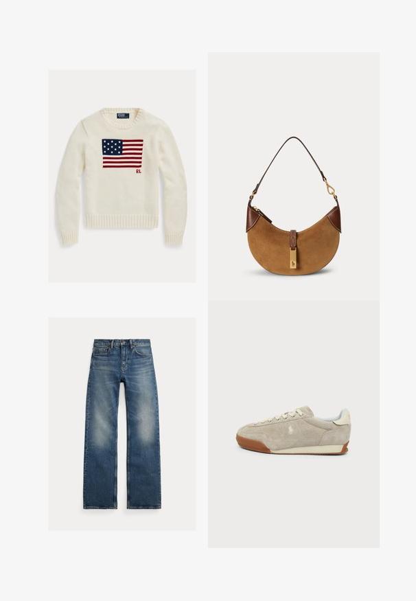 Crèmekleurige gebreide trui met de Amerikaanse vlag gebreid over de borst en kleine "RL" initialen onder de vlag aan de rechterkant.; Blauwe straight-leg jeans met vervaagde plekken op de dijen, vijfzakkenontwerp en knoopsluiting, plat liggend op een witte achtergrond.; Beige suède sneaker met witte veters, bruine rubberen zool en klein geborduurd logo aan de zijkant, gezien vanuit de buitenkant.; Bruine suède halve maan handtas met donkerbruine lederen accenten, goudkleurige hardware en een korte schouderriem.