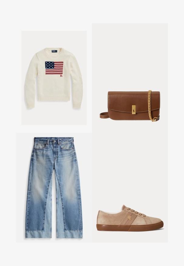 Crèmekleurige gebreide trui met de Amerikaanse vlag gebreid over de borst en kleine "RL" initialen onder de vlag aan de rechterkant.; Lichtblauwe jeans met wijde pijpen en een verwassen effect, voorzien van twee voorzakken, een gulp met knopen en rafelige zoom. Gemaakt van denim stof.; Beige suède lage sneaker met bruine rubberen zool, bijpassende veters en een klein gouden "RLL" logo aan de zijkant.; Bruine leren clutch met gouden kettingriem en rechthoekige gouden sluiting met een klein geperst logo op de voorflap.