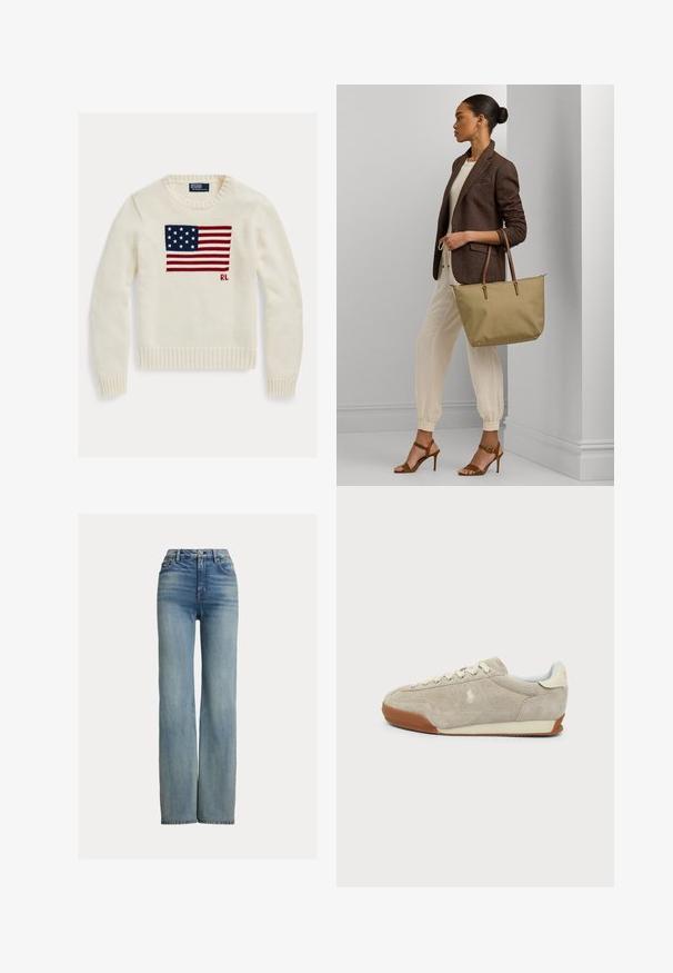 Cremefarvet striktrøje med amerikansk flag strikket tværs over brystet og små "RL" initialer under flaget på højre side.; Højtaljede, lige ben blå jeans med forlommer, bæltestropper og knaplukning, der har subtile slidte detaljer.; Beige ruskind sneaker med hvide snørebånd, brun gummisål og lille broderet logo på siden, set fra ydersiden.; Kvinde iført brun blazer og hvide bukser, bærende på en stor beige taske, stående i en neutral indendørs omgivelser.