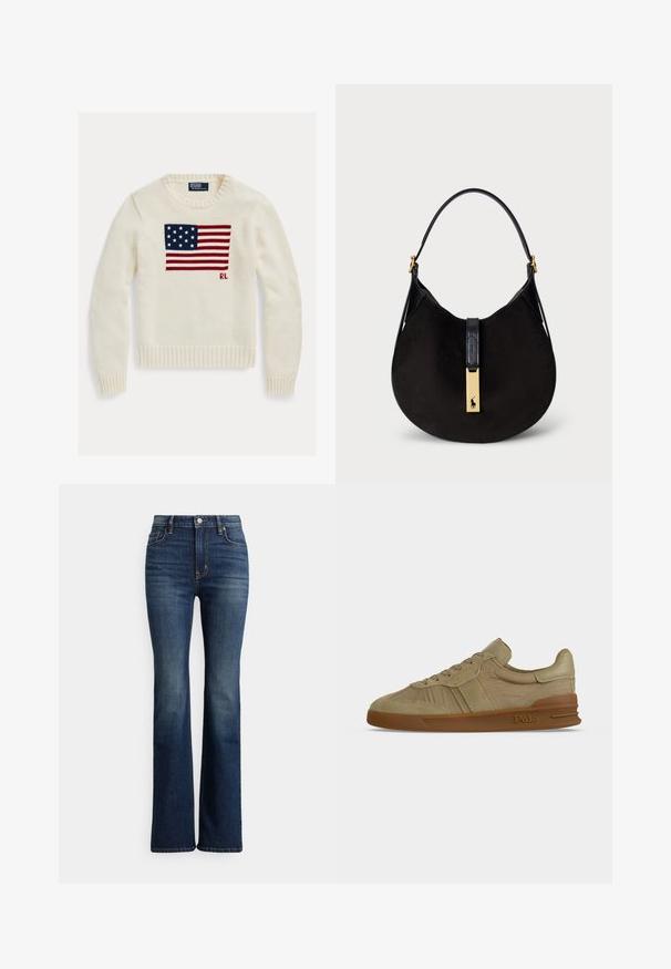Cremefarvet striktrøje med amerikansk flag strikket tværs over brystet og små "RL" initialer under flaget på højre side.; Mørkeblå højhælede bootcut-jeans med høj talje, forreste knap og lommer, let falmede områder på lår og knæ, vist på hvid baggrund.; Beige lavskaftet Polo sneaker med snørebånd foran, tekstureret læderoverdel og brun gummisål med Polo-logo på siden.; Sort ruskind skuldertaske med en buet form, en glat sort læderrem og et hardware-dekoration i guldtonet med logo-detalje.