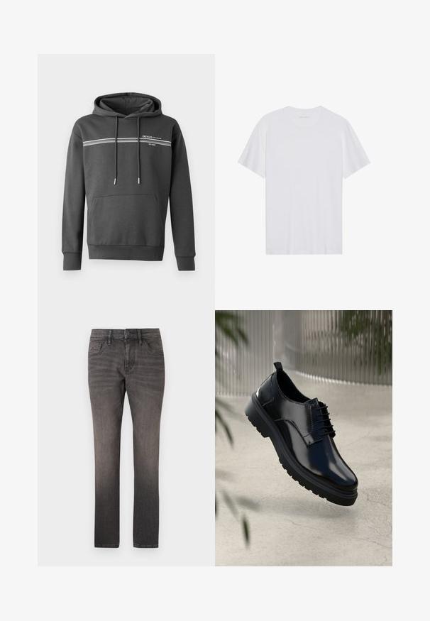 Mørkegrå hoodie lavet af blødt materiale, med hvide vandrette striber, en kængurulomme og justerbar snoretræk i hætten.; Hvid bomulds T-shirt med korte ærmer, rund hals og en glat tekstur. Har minimal branding på halsudskæringen.; TOM TAILOR JOSH - Jeans Straight Leg - used dark stone black denim; Sorte lædersko med en blank overflade, rund tå, snøredesign, kontrastsyninger og en tyk gummisål med mønster.