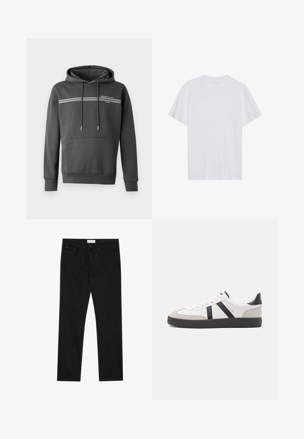 Donkergrijze hoodie van zachte stof, met witte horizontale strepen, een kangoeroezak en een verstelbare trekkoordkap.; Witte katoenen T-shirt met korte mouwen, een ronde hals en een gladde textuur. Heeft minimale branding op de halslijn.; Zwarte straight-leg jeans met een vijf-pocket ontwerp, knoop- en ritssluiting, en een Pier One merklabel op de tailleband.; Witte sneaker met zwarte en grijze accenten, voorzien van een grijze neus met textuur, zwarte rubberen zool en platte witte veters. Schoon ontwerp, minimalistische stijl.