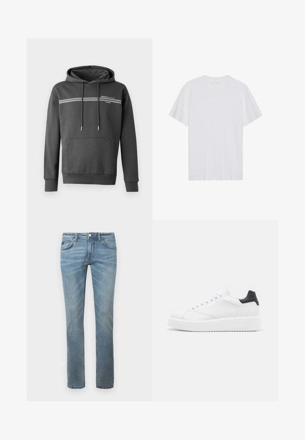 Donkergrijze hoodie van zachte stof, met witte horizontale strepen, een kangoeroezak en een verstelbare trekkoordkap.; Witte katoenen T-shirt met korte mouwen, een ronde hals en een gladde textuur. Heeft minimale branding op de halslijn.; Lichtblauwe jeans met een recht model, gemaakt van denim. Kenmerken zijn standaard zakken, riemlussen en subtiele vervaging.; Witte leren sneaker met een zwarte haklip, platte veters, gestructureerde tussenzool en branding aan de buitenzijde. Ontworpen voor casual gebruik.