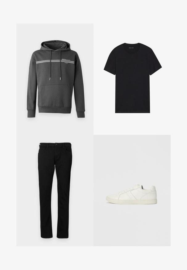 Sudadera gris oscuro hecha de tela suave, con rayas horizontales blancas, un bolsillo tipo canguro y capucha ajustable con cordón.; Camiseta de algodón negra con mangas cortas y escote redondo. La tela tiene una textura suave y un diseño simple y sólido.; Vaqueros de denim negro con un ajuste slim, que cuentan con bolsillos frontales, trabillas para cinturón y cierre de botón. Textura suave con un color sólido.; Zapatilla baja blanca de cuero con cierre de cordones y suela de goma plana, vista desde el lado interno sobre un fondo liso.