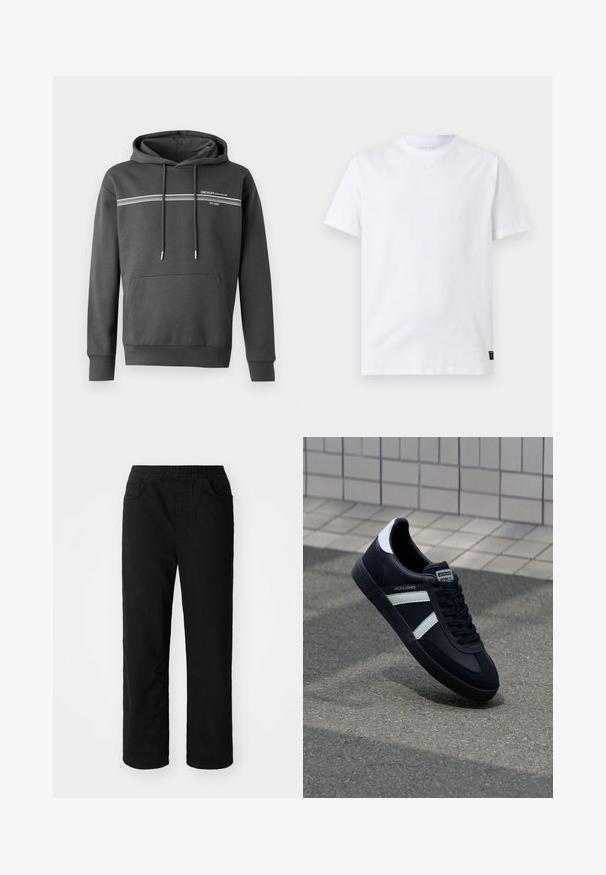 Mørkegrå hoodie lavet af blødt materiale, med hvide vandrette striber, en kængurulomme og justerbar snoretræk i hætten.; Simpel hvid T-shirt med korte ærmer og rund halsudskæring med en lille sort vaskeanvisningslabel nederst i sømmen på en lysegrå baggrund.; Sorte bomuldsbukser med en afslappet pasform, elastisk talje, to frontlommer og lige ben. Glat tekstur uden synlige mønstre.; Sort lædersneaker med hvide striber, tekstureret gummisål og snørrebånd foran. Har et brandet mærke på tungen.