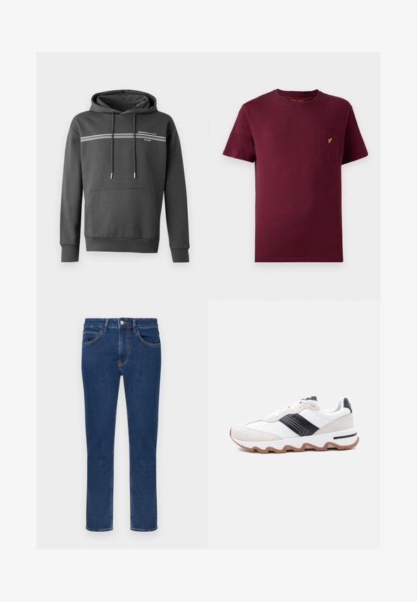 Donkergrijze hoodie van zachte stof, met witte horizontale strepen, een kangoeroezak en een verstelbare trekkoordkap.; Bordeaux katoenen t-shirt met korte mouwen, ronde halslijn, een voorknoopzak en een klein geel logo geborduurd op de zak.; Blauwe denim jeans met knoop- en ritssluiting, voor- en achterzakken en een rechte pijp, afgebeeld op een effen witte achtergrond.; Witte en beige sportschoen met zwarte accenten, zigzagprofiel en vetersluiting op een effen lichtgrijze achtergrond.