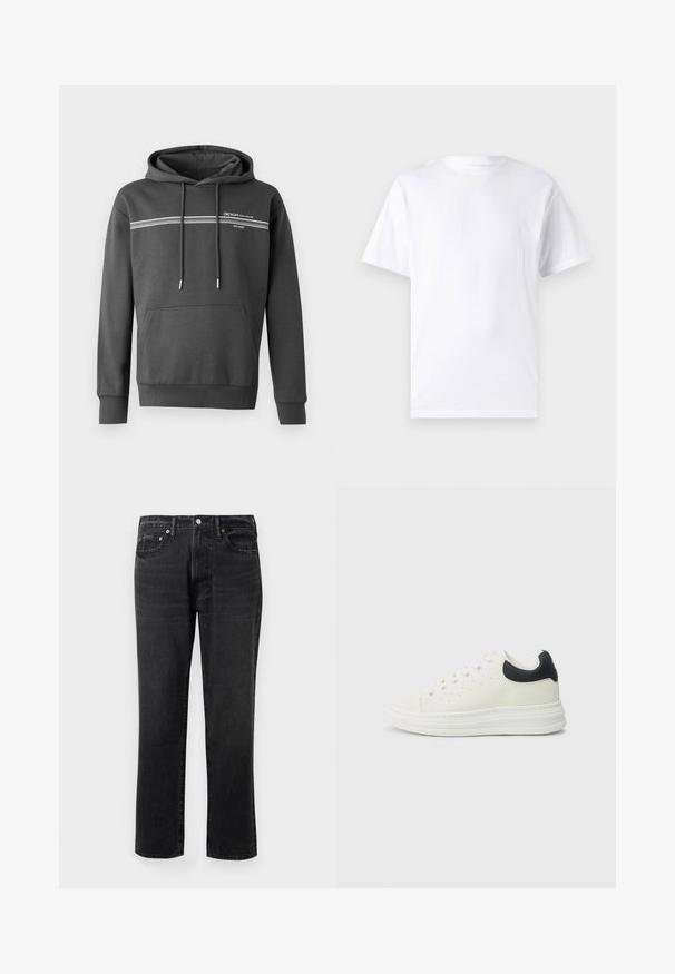 Dunkelgrauer Hoodie aus weichem Stoff, mit weißen horizontalen Streifen, einer Kängurutasche und einer verstellbaren Kapuze mit Kordelzug.; Weißes kurzärmeliges T-Shirt aus Baumwolle mit Rundhalsausschnitt, das eine glatte Textur und ein einfaches Design ohne Muster oder Akzente aufweist.; Schwarze Denim-Jeans mit geradem Schnitt, ausgestattet mit einem Knopf- und Reißverschluss, fünf Taschen und Kupferbeschlägen.; Weißer Ledersneaker mit schwarzem Fersenakzent, rundem Zehenbereich, flacher weißer Sohle und Schnürverschluss. Minimale Perforationen an den Seiten.