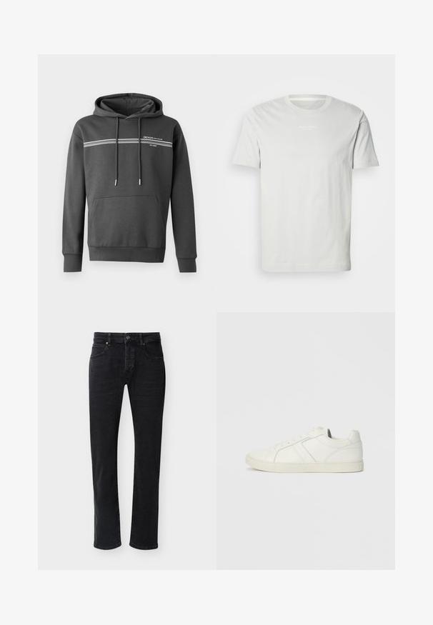 Donkergrijze hoodie van zachte stof, met witte horizontale strepen, een kangoeroezak en een verstelbare trekkoordkap.; Witte katoenen t-shirt met korte mouwen, ronde halslijn en een klein logo op de borst. Zachte textuur en een klassieke pasvorm. Geen patronen.; Zwarte recht gesneden spijkerbroek met voorzakken, lussen voor een riem, knoopsluiting en zichtbare stiksels op een effen witte achtergrond.; Laag uitgesneden witte leren sneaker met vetersluiting en platte rubberen zool, gezien van de binnenkant op een effen achtergrond.