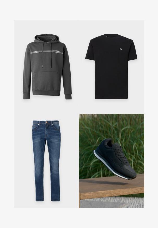 Sudadera gris oscuro hecha de tela suave, con rayas horizontales blancas, un bolsillo tipo canguro y capucha ajustable con cordón.; Camiseta de algodón negra de manga corta, con cuello redondo y un pequeño logo blanco en la parte izquierda del pecho. Textura suave, diseño sencillo.; Jeans de mezclilla azul oscuro con corte recto, cinco bolsillos, un ligero desgaste, costuras en contraste y cierre de botón en la cintura.; Zapatilla deportiva negra con parte superior texturizada, diseño con cordones y media suela blanca en contraste; exhibida en el aire sobre una superficie de madera.