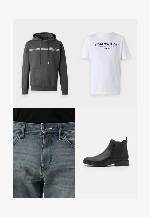 Mørkegrå hoodie lavet af blødt materiale, med hvide vandrette striber, en kængurulomme og justerbar snoretræk i hætten.; Hvid bomulds t-shirt med rund hals, korte ærmer og navy tekst, der læser "TOM TAILOR THE CASUAL DEPARTMENT 1962."; Falmede blå denimjeans med knappelukning, gul akcent ved taljen og klassisk fem-lomme design. Teksturen ser blød og brugt ud.; Sort læder Chelsea-boot med elastiske sidepaneler og en løftestrop, der har en rund tå og en tekstureret gummisål.