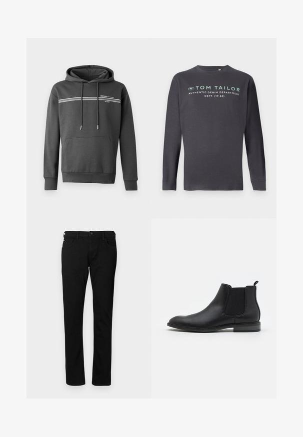 Dunkelgrauer Hoodie aus weichem Stoff, mit weißen horizontalen Streifen, einer Kängurutasche und einer verstellbaren Kapuze mit Kordelzug.; TOM TAILOR PRINTED - Langarmshirt - tarmac grey; Schwarze Denim-Jeans mit schlanker Passform, ausgestattet mit Fronttaschen, Gürtelschlaufen und einem Knopfverschluss. Glatte Textur in einfarbigem Design.; Schwarze Leder-Chelsea-Stiefel mit elastischen Seitenpaneelen, runder Zehenform und Zugschlaufe, ausgestattet mit einem niedrigen Blockabsatz und glatter Textur.