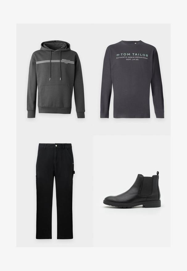 Mørkegrå hoodie lavet af blødt materiale, med hvide vandrette striber, en kængurulomme og justerbar snoretræk i hætten.; TOM TAILOR PRINTED - Langærmet T-shirt - tarmac grey; Sorte leggings arbejdsbukser med forlommer, bæltestropper, knaplukning og sideværktøjsløkke på ensfarvet baggrund.; Sort læder Chelsea-boot med elastiske sidepaneler og en løftestrop, der har en rund tå og en tekstureret gummisål.