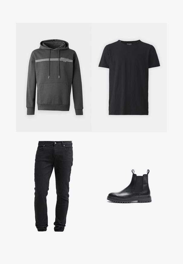 Mørkegrå hoodie lavet af blødt materiale, med hvide vandrette striber, en kængurulomme og justerbar snoretræk i hætten.; Sort bomulds t-shirt med rund halsudskæring og korte ærmer. Har et enkelt design uden mønstre eller accenter. Simpel og alsidig.; Sorte slim-fit jeans med knap- og lynlås-lukning, fem lommer og elastiske manchetter ved anklerne.; Sorte læder Chelsea-støvler med tekstureret finish, elastiske sidepaneler og trækflapper. Har en kraftig gummisål med mønster.