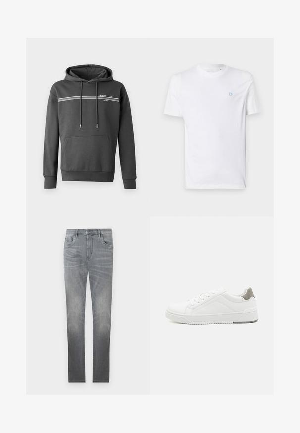 Sudadera gris oscuro hecha de tela suave, con rayas horizontales blancas, un bolsillo tipo canguro y capucha ajustable con cordón.; Camiseta de algodón blanca con cuello redondo y mangas cortas, con un logotipo azul claro en el lado izquierdo del pecho. Textura suave, diseño simple.; Jeans de mezclilla gris con un diseño desgastado, estilo de cinco bolsillos, cierre de botón y corte recto. Textura suave con ligero desgaste en los bordes.; Zapatilla blanca con material de cuero liso, punta redonda, diseño minimalista, acento gris en el talón y suela de goma texturizada.