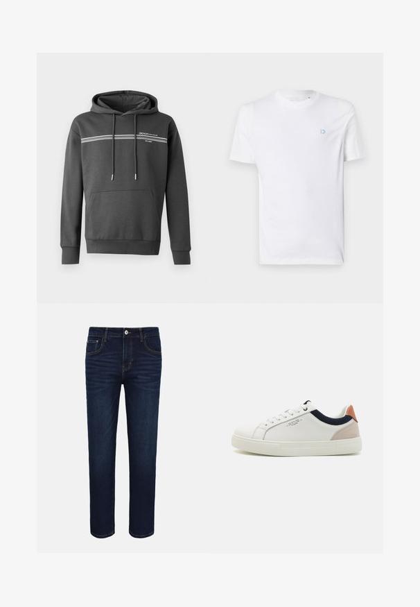 Mørkegrå hoodie lavet af blødt materiale, med hvide vandrette striber, en kængurulomme og justerbar snoretræk i hætten.; Hvid bomulds t-shirt med rund halsudskæring og korte ærmer, med et lyseblåt logo på venstre bryst. Glat tekstur, enkelt design.; Mørkeblå denimjeans med forlommer, knappelukning og subtile falmede detaljer ved lårene på hvid baggrund.; Hvide lædersneakers med low-top design, marineblå stofdetalje på kraven og en lys lyserød suede hælflap. Gummisål.