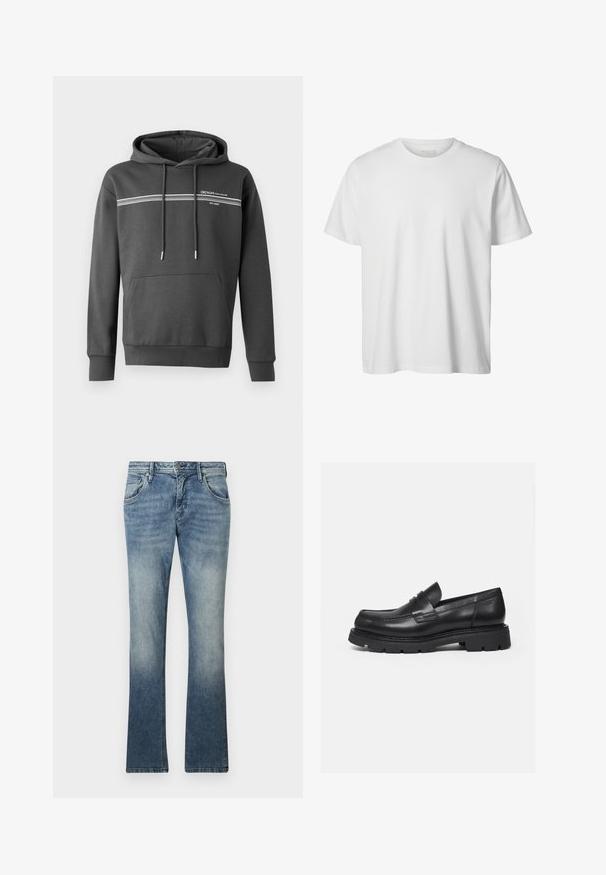 Mørkegrå hoodie lavet af blødt materiale, med hvide vandrette striber, en kængurulomme og justerbar snoretræk i hætten.; Enkelt hvid T-shirt med korte ærmer og rund hals, løs pasform og uden synlige logoer eller designs foran.; Lyseblå denim flared jeans med gradient vask, fem-lomme design, metal knaplukning og synlig syning langs sømmene.; Sort læderloafer med tyk rillede sål og penny-remdetalje, vist i højre sideprofil på hvid baggrund.