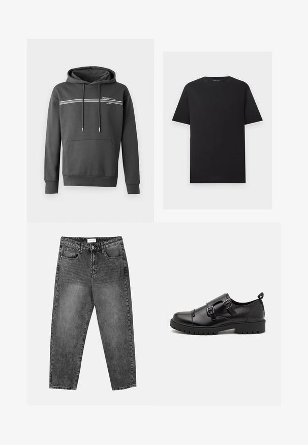 Sudadera gris oscuro hecha de tela suave, con rayas horizontales blancas, un bolsillo tipo canguro y capucha ajustable con cordón.; Camiseta negra de manga corta con cuello redondo y diseño liso, mostrada plana sobre un fondo gris claro.; Jeans de pernera recta en lavado negro con bolsillos delanteros y traseros, trabillas para cinturón y cierre de botón en la cintura.; Pier One by Zalando Mocasines elegantes - black