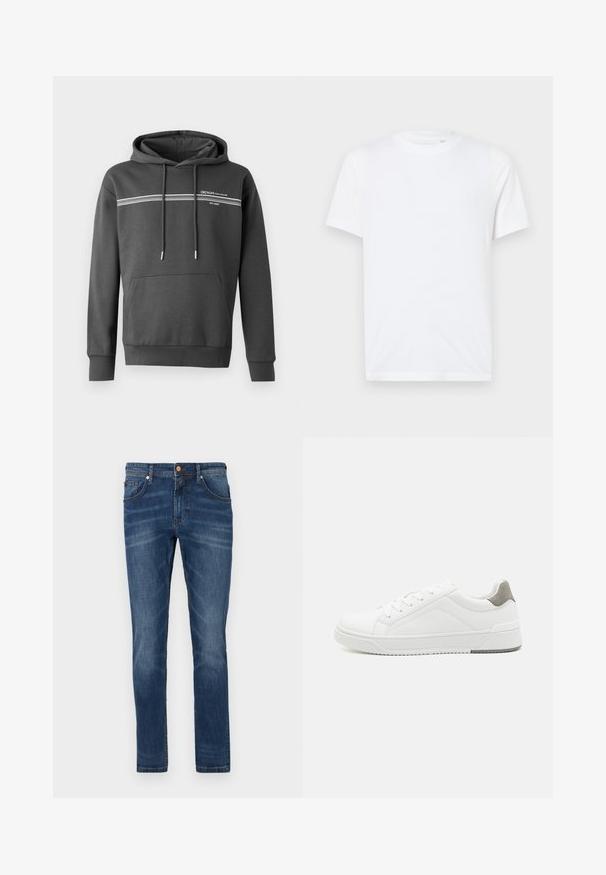 Donkergrijze hoodie van zachte stof, met witte horizontale strepen, een kangoeroezak en een verstelbare trekkoordkap.; Witte katoenen t-shirt met een ronde hals en korte mouwen. Bevat een klein, reliëf logo op de linkerkant van de borst. Gladde textuur.; Donkerblauwe denim jeans met een rechte pijp, vijf zakken, subtiele vervaging, contrasterende stiksels en een knoopsluiting in de taille.; Witte sneaker van glad leer met een ronde neus, minimalistisch ontwerp, grijze hielaccent en een geplaatste rubberen zool.