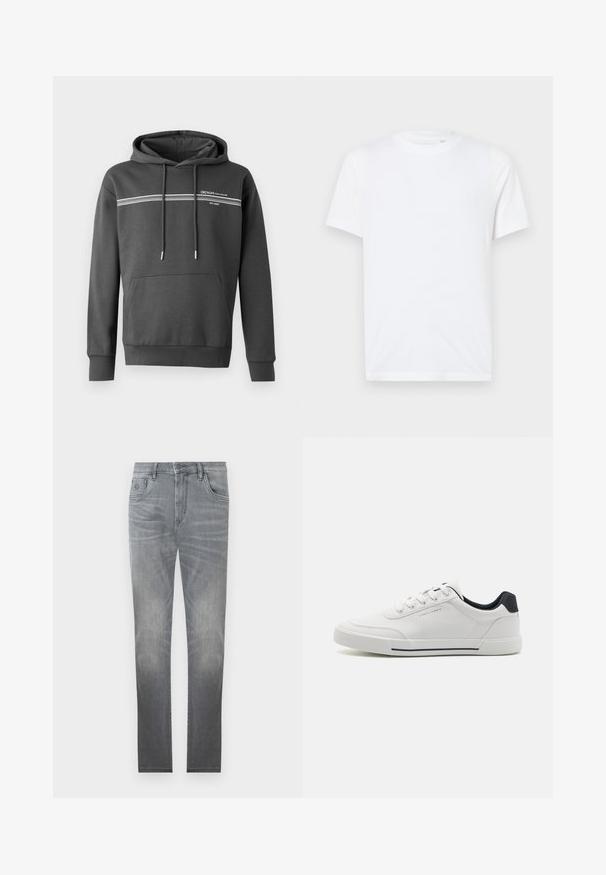 Mørkegrå hoodie lavet af blødt materiale, med hvide vandrette striber, en kængurulomme og justerbar snoretræk i hætten.; Hvid bomulds t-shirt med rund halsudskæring og korte ærmer. Har et lille, præget logo på venstre bryst. Glat tekstur.; Grå denim jeans med et falmet design, fem-lommer stil, knaplukning og lige ben. Glat tekstur med let slid ved kanterne.; Hvide sneakers med en glat syntetisk overdel, rund tå, snørebåndsdesign, marineblå accent på hælen og en tekstureret gummisål med en sort stribe.