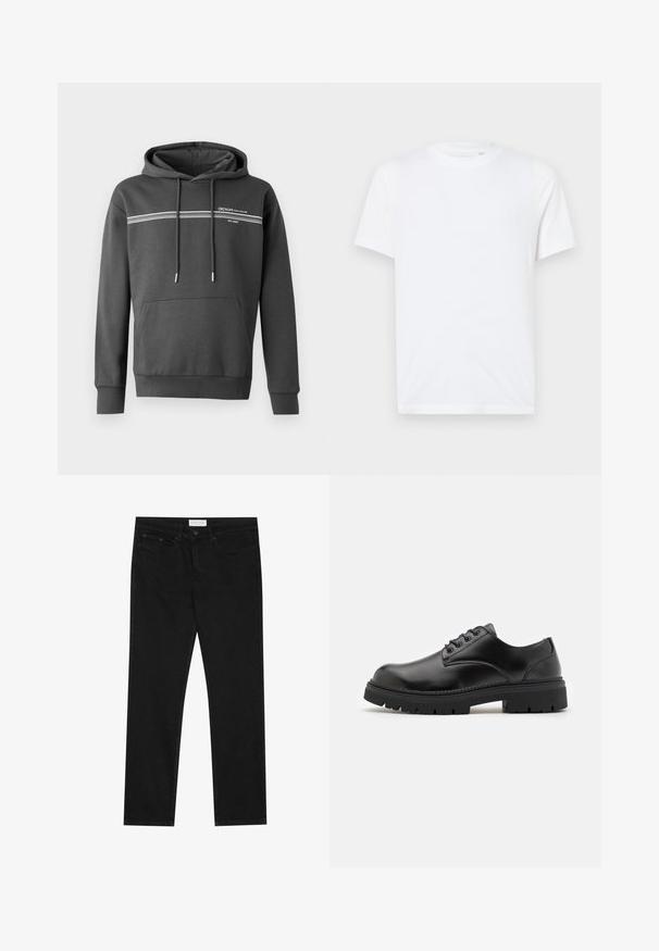 Mørkegrå hoodie lavet af blødt materiale, med hvide vandrette striber, en kængurulomme og justerbar snoretræk i hætten.; Hvid bomulds t-shirt med rund halsudskæring og korte ærmer. Har et lille, præget logo på venstre bryst. Glat tekstur.; Sorte lige ben jeans med fem-lomme design, knap- og lynlåslukning samt et Pier One mærkeetiket på taljen.; Sorte lædersko med rund tå, snørelukning og en tykk, struktureret gummisål. Har syninger langs kanten og en glat overflade.