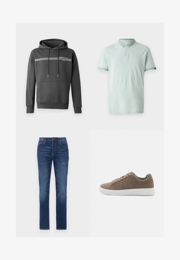 Mørkegrå hoodie lavet af blødt materiale, med hvide vandrette striber, en kængurulomme og justerbar snoretræk i hætten.; Lysegrøn polo shirt lavet af blødt stof, med klassisk krave, tre knapper, og hvide detaljer på kraven og ærmerne.; Mørkeblå denimjeans med en klassisk lige pasform, fem-lomme design og let falmede detaljer på benene. Har knap- og lynlåslukning.; Brune ruskinds sneakers med flade hvide gummisåler, snørelukning, rund tå og en glat overflade. Minimalistisk stil med diskrete syninger.