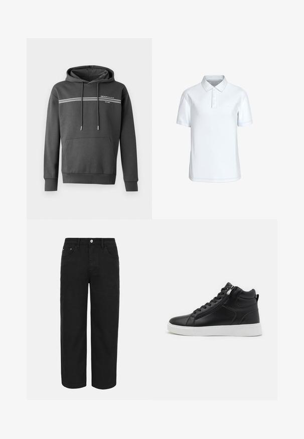 Donkergrijze hoodie van zachte stof, met witte horizontale strepen, een kangoeroezak en een verstelbare trekkoordkap.; Witte polo met korte mouwen, drie knopen en een puntige kraag, voorzien van een subtiel Calvin Klein-logo op de linkerborst.; Zwarte rechte broek met knoop- en ritssluiting aan de voorkant, riemlussen en drie voorzakken op een effen lichte achtergrond.; Zwarte high-top sneakers met een gladde leren afwerking, witte rubberen zool, vetersluiting aan de voorkant en een ritsdetail aan de zijkant.