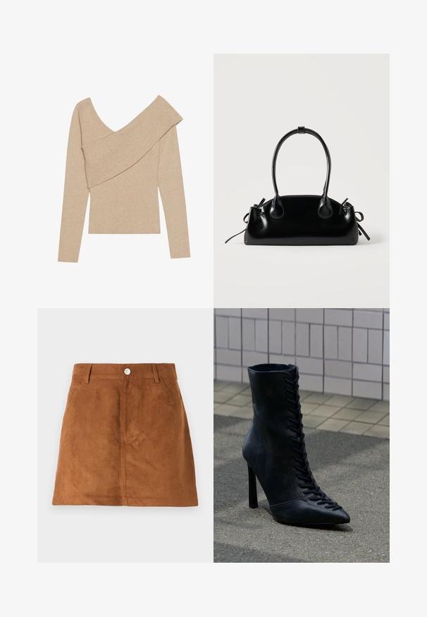 Even&Odd by Zalando Svetrík - mottled beige; Hnedá mini sukňa z hladkej semišovej látky, ktorá má zapínanie na gombík a pútka na opasok. Jednoduchý dizajn bez ďalších vzorov alebo akcentov.; Čierna kožená členková čižma na vysokom podpätku s prednými šnúrkami, špicatou špičkou, stojaca na asfalte pri dlaždicovej stene.; Malá čierna lesklá kabelka s dvoma dlhými rúčkami a bočnými šnúrkovými detailmi na jednoduchom svetlom pozadí.