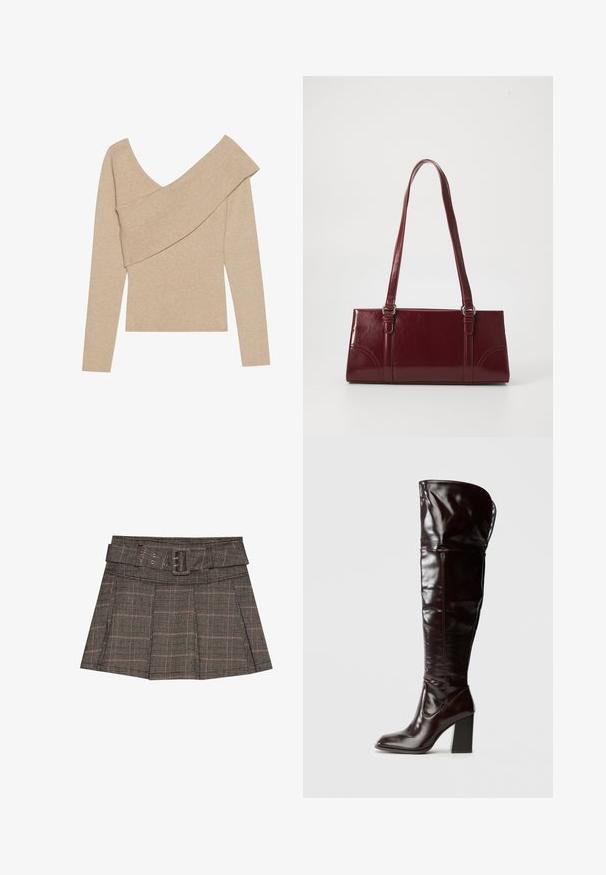 Even&Odd by Zalando Trui - mottled beige; Geruite mini-jurk in zwart, bruin en beige. Voorzien van een riem in de taille, plooien en een textuurstof met een geometrisch patroon.; Knielange, glanzende bordeauxrode leren laarzen met een vierkante neus en blokhak, met een nonchalant ontwerp en minimale stiksel details.; Bourgondische handtas van glanzend materiaal, rechthoekige vorm, met twee schouderbanden en subtiele gebogen accenten aan de voorkant.