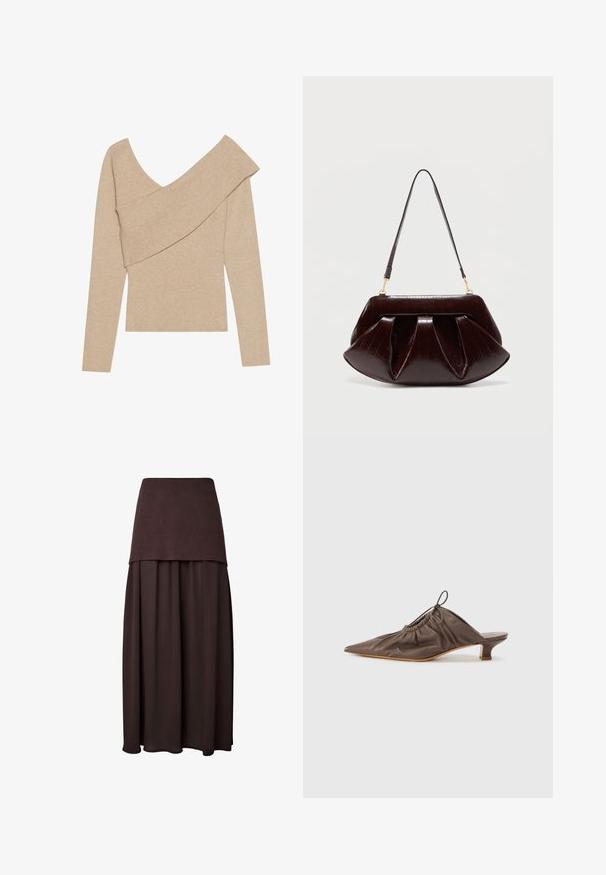 Even&Odd by Zalando Pullover - mottled beige; Jupe maxi marron foncé avec une ceinture côtelée ajustée et un tissu plissé fluide sous la taille.; Mule en cuir marron avec un bout pointu, texture froncée, petit talon et un accent de cordon de serrage à l'ouverture. Fini lisse.; Sac à main en cuir marron foncé avec plis froncés, ferrures dorées et une seule bandoulière, sur un fond clair uni.