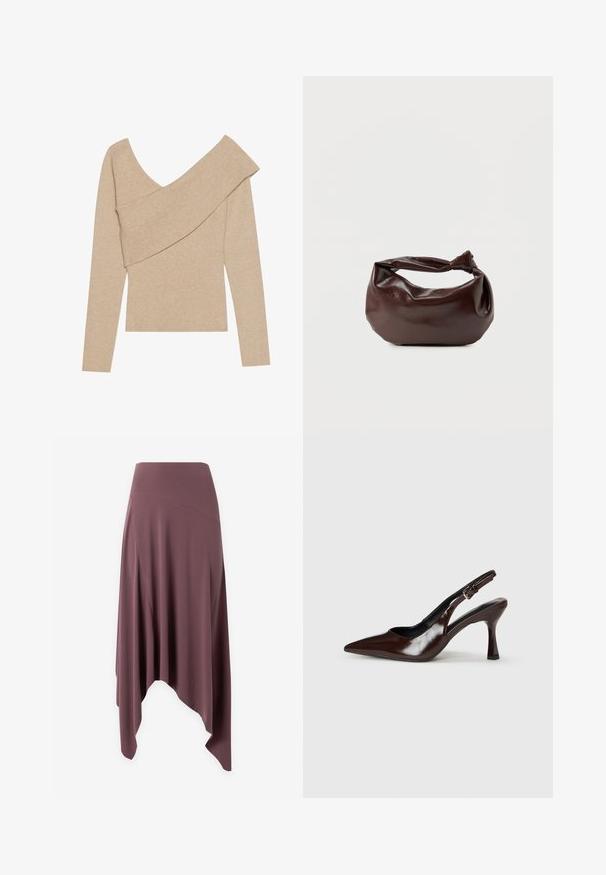 Even&Odd Svetrík - mottled beige; Asymetrická midi sukňa farby mauve s vysokým pásom a plynulo padajúcimi látkovými panelmi na bielom pozadí.; Hnedé patentné kožené sandále na opätku s špicatou špičkou, tenkým opätkom a nastaviteľným popruhom so malou prackou.; Tmavohnedá kožená kabelka cez rameno s mäkkým, voľným tvarom a držadlom v podobe skrúteného uzla na jednoduchom bielom pozadí.