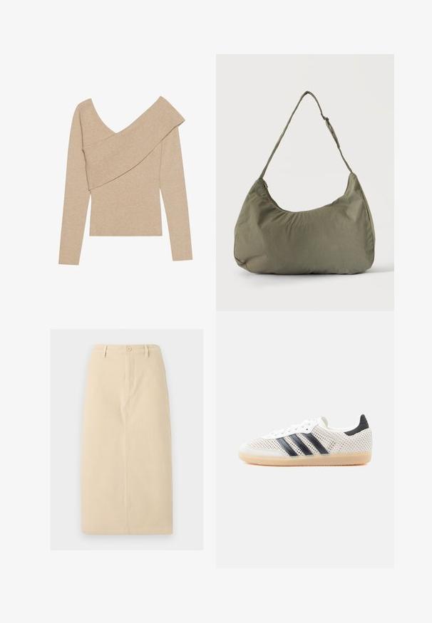 Even&Odd by Zalando Striktrøje - mottled beige; Beige knælang nederdel lavet af et robust stof, med en frontknaplukning og subtil vertikal sømdetaljering.; Hvide mesh-sneakers med sort tre-stribet design, rundet tå og gummisål. Har blød hælkant og snørelukning.; Skuldertaske i blødt olivengrønt stof med lynlås og justerbar rem på ensfarvet, lyst baggrund.