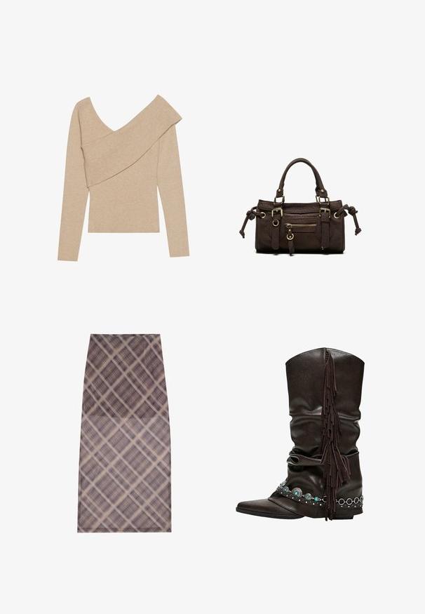 Even&Odd by Zalando Svetrík - mottled beige; Sukňa po kolená so sieťovinou, ľahkým materiálom a károvaným vzorom v odtieňoch hnedej a smotany, hladkým povrchom a čistými okrajmi.; Tmavohnedá kožená čižma do polovice lýtka so špicatou špičkou, strapcami na boku a dekoratívnymi tyrkysovými a striebornými končo a reťazovými detailmi.; Tmavohnedá kožená kabelka s dvojitými rukoväťami, predným vreckom na zips, dekoratívnymi prackami a bočnými uzlami na bielom pozadí.