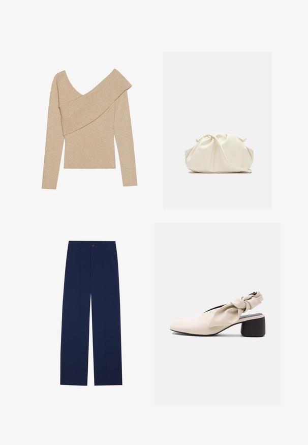 Even&Odd by Zalando Džemper - mottled beige; Süvanav sinised laiad püksid, mis on valmistatud sileda kangaga, esipockets, nup closure ja kohandatud disainiga, millel on voldid.; Beež värvi madala kontsaga naiste kingad, terava nina ja keerutatud rihma detailiga jalavõlvi ja kanna kohal.; Pehme kergelt kreemikas nahast klapi-tüüpi kott kokkutõmmatud volditud disainiga ning õhuke õlarihm ees rahuldaval taustal.