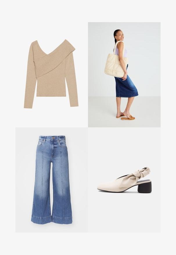 Even&Odd by Zalando Svetrík - mottled beige; Džínsy s širokými nohavicami v svetlom modrom odtieni, s vysokým pásom, vyblednutým dizajnom, prednými vreckami a prešitými detailmi pozdĺž nohavíc.; Béžová dámska topánka s nízkym podpätkom, špicatou špičkou a prekrúteným remienkom cez priehlavok a pätu.; Kvadrový béžový nákupný vak s hrubými uchami, priestranným dizajnom a mäkkou textúrou, ktorý drží osoba v svetlom fialovom tričku a modrej džínsovej sukni.