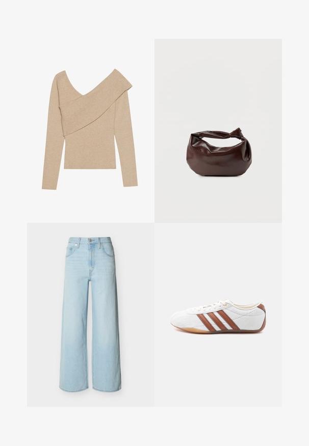 Even&Odd Striktrøje - mottled beige; Lyseblå vidbenede jeans med forreste knap- og lynlås-lukning, bæltestropper og klassisk design med fem lommer.; Hvid sneaker med lavt snit og brune læderstriber, snørelukning og en sål i gummi, vist fra indersiden på en hvid baggrund.; Mørkebrun læder skuldertaske med en blød, afslappet form og et snoet knudehåndtag på en ensartet hvid baggrund.
