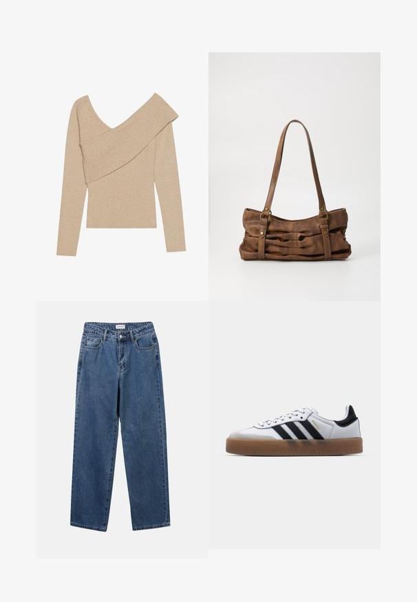 Even&Odd Striktrøje - mottled beige; Klassiske blå denimbukser med lige ben, fem lommer og knaplukning. Har en medium vask og en robust tekstur.; Hvide lædersneakers med sorte striber, gummirubber sål, rund tå, snørelukning og blød grå ruskinds tåhætte.; Even&Odd Håndtasker - brown