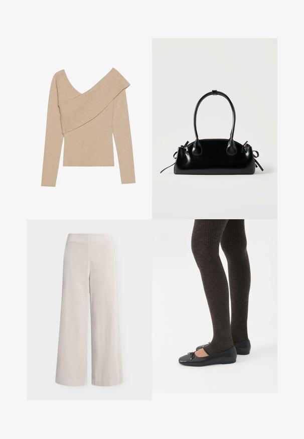 Even&Odd by Zalando Trui - mottled beige; Beige corduroy broek met wijde pijpen en hoge taille, voorzien van een subtiele verticale ribbelstructuur, getoond tegen een effen witte achtergrond.; Benen met donkere geribbelde leggings gecombineerd met zwarte ballerina's met kleine strikdetails op een witte achtergrond.; Kleine zwarte glanzende handtas met twee lange hengsels en zijkant trekkoord details op een effen lichte achtergrond.