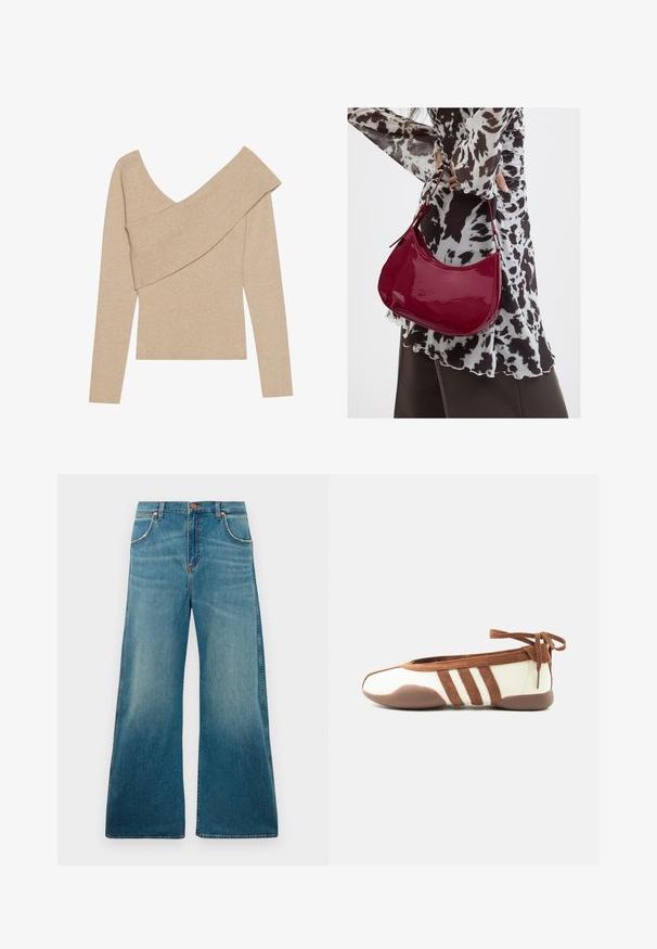 Even&Odd Svetrík - mottled beige; Džínsy s vysokým pásom modrej farby, široké nohavice, predné vrecká, zapínanie na gombík a vyblednutý farebný gradient od pásu po lem.; Úzke béžovo-hnedé balerínky zaobleným špičkou, s tromi bočnými pruhmi, mäkkou podrážkou a zapínaním na viazanie na členku na bielom pozadí.; Žena v čierno-bielom vzorovanom blúzke drží lesklú červenú kabelku cez rameno na jednofarebnom pozadí.