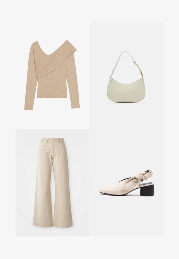 Even&Odd by Zalando Svetrík - mottled beige; Béžové široké džínsy z denimu, s vysokým pásom, prednými vreckami a jednoduchým dizajnom bez vzorov alebo akcentov.; Béžová dámska topánka s nízkym podpätkom, špicatou špičkou a prekrúteným remienkom cez priehlavok a pätu.; Pieces PCALUANA SHOULDER BAG - Kabelka - birch