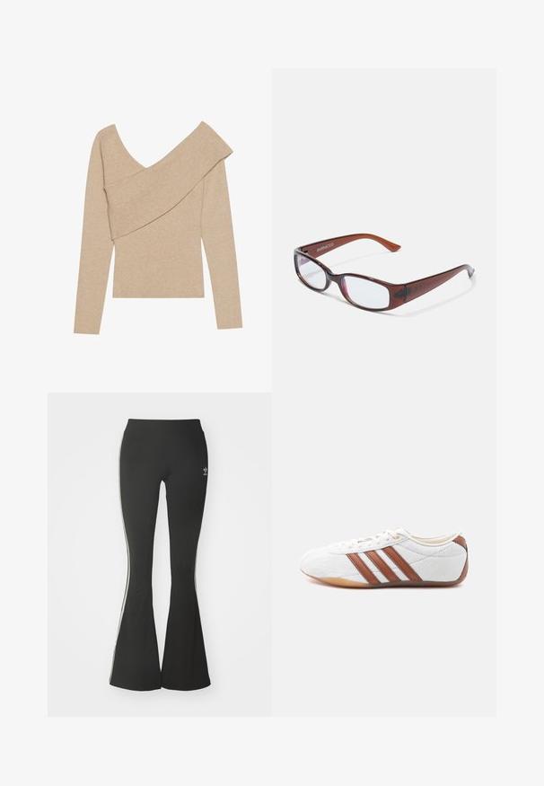 Even&Odd Striktrøje - mottled beige; Sorte flared leggings lavet af strækstof, med en høj talje og hvide sidestreger. Inkluderer lille logo ved taljen.; Hvid sneaker med lavt snit og brune læderstriber, snørelukning og en sål i gummi, vist fra indersiden på en hvid baggrund.; Brune-farvede rektangulære briller med en glat overflade, der har slanke arme og gennemsigtige linser. Logoet er synligt på venstre temple.