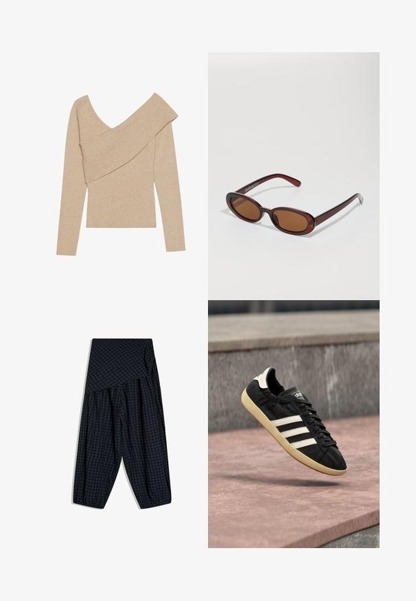 Even&Odd by Zalando Trui - mottled beige; Loszittende donkerblauwe en zwarte geruite broek met een brede omgeslagen tailleband en elastische boorden bij de enkels.; Zwarte Adidas sneaker met witte strepen en beige zool, vastgelegd in de lucht boven een stenen oppervlak en een stenen muur op de achtergrond.; Ronde, bruin getinte zonnebril met een glanzend bordeauxrood frame. Slanke pootjes met subtiele merkdetails. Vlakke lensontwerp.