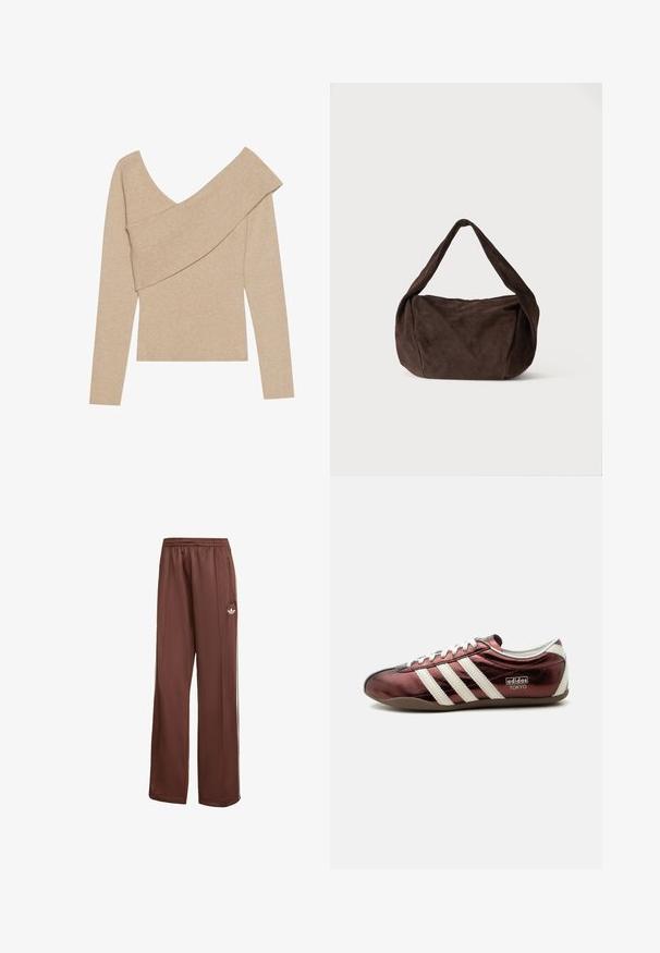 Even&Odd by Zalando Pullover - mottled beige; Pantalon de sport marron avec une coupe décontractée. Fabriqué en tissu lisse, présentant des poches latérales, des bandes blanches et un petit logo blanc sur la cuisse.; Baskets Adidas bordeaux métallisé profil bas avec des rayures blanches, des lacets et un marquage « Adidas Tokyo » sur le côté.; Sac à bandoulière en daim brun foncé souple avec une large sangle et une forme rectangulaire arrondie et décontractée sur un fond clair uni.